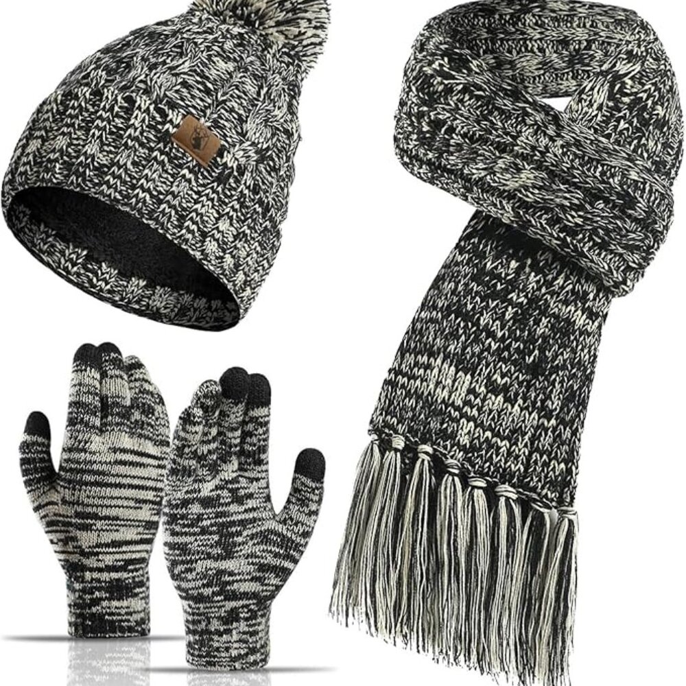 Women’s Fleece Lined Warm Winter Beanie Hat, Scarf & Touchscreen Gloves Set
